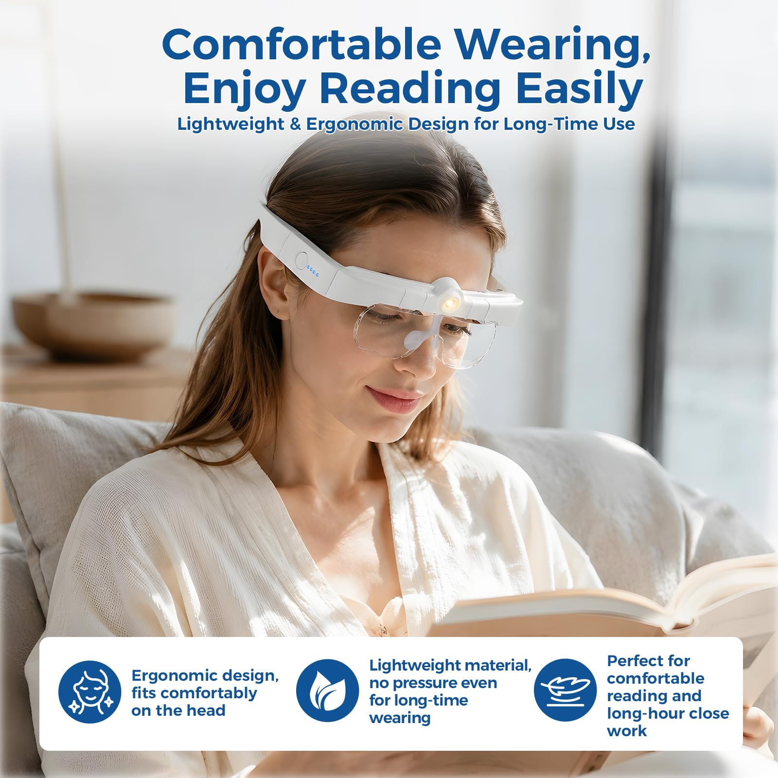 Lightweight ergonomic Nazano head mounted magnifying glasses, comfortable for long-hour reading, hobbies and close detailed work without head pressure