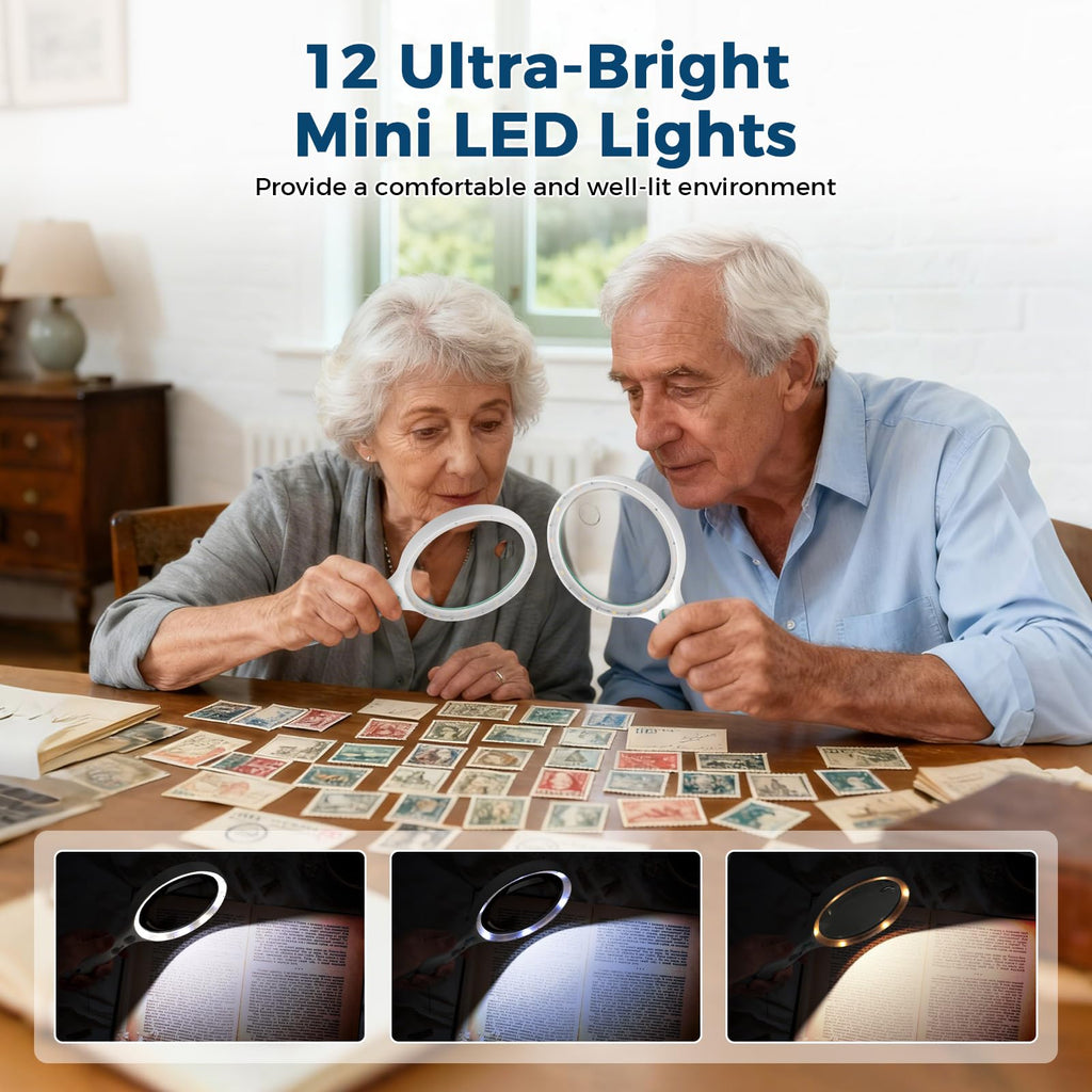 Nazano Handheld Magnifier equipped with 12 ultra-bright LED lights, adjustable lighting for comfortable viewing, ideal for stamp collection, coin and small item inspection