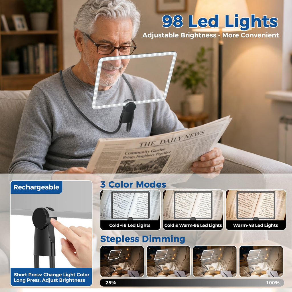 Neck magnifier built-in 98 LED lights, 3 color temperature modes & stepless dimming, flicker-free eye caring lighting, USB Type-C rechargeable