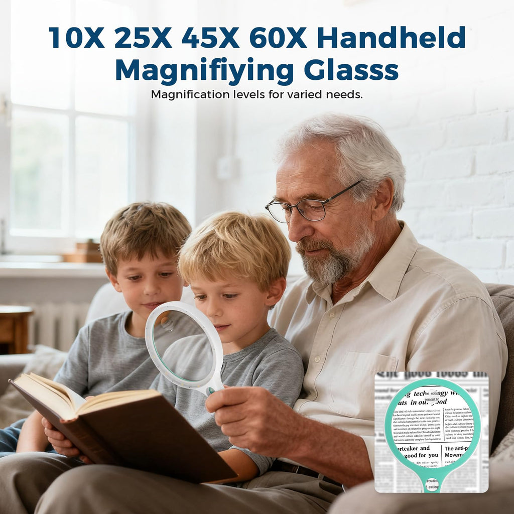 Nazano 10X 25X 45X 60X handheld illuminated magnifying glass, multiple magnification for reading, hobby exploration and close observation