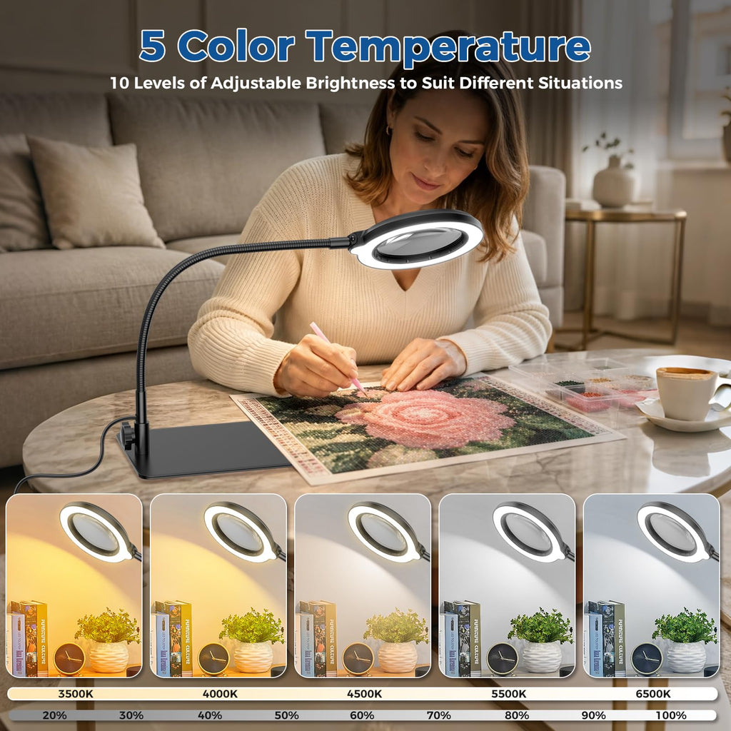 Magnifier desk lamp with 5 adjustable color temperatures & 10 brightness levels (3500K-6500K), customizable lighting for different craft and working scenes