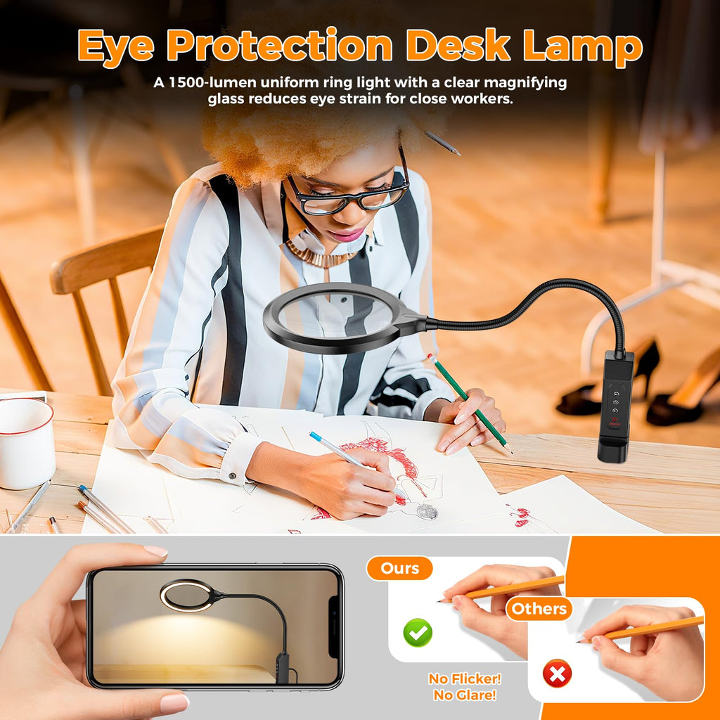 Nazano Eye Protection Magnifying Desk Lamp, 1500 Lumen flicker-free uniform lighting, reduce eye strain for drawing, design, detailed close work