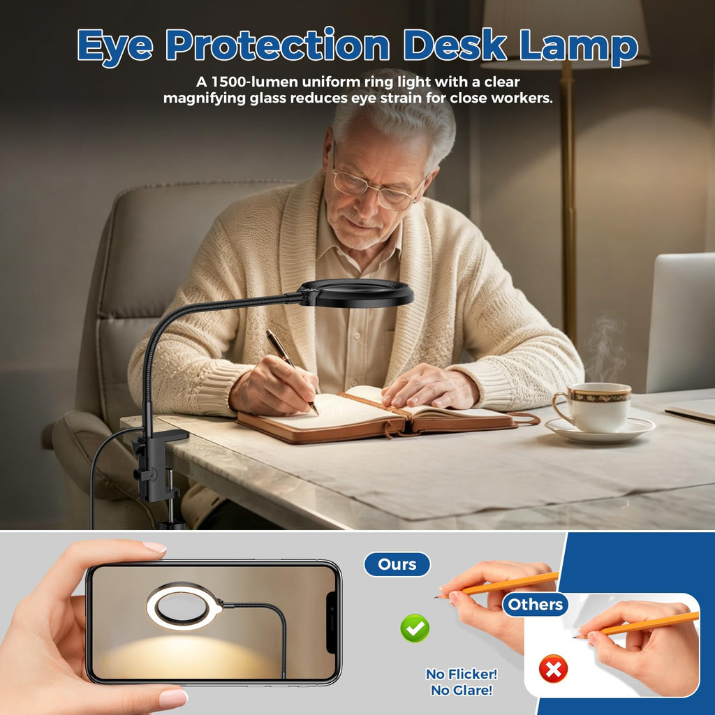 Nazano eye protection magnifying lamp, 1500Lm uniform ring light, flicker-free & anti-glare lighting, reduce eye fatigue for close work, reading and hobbies