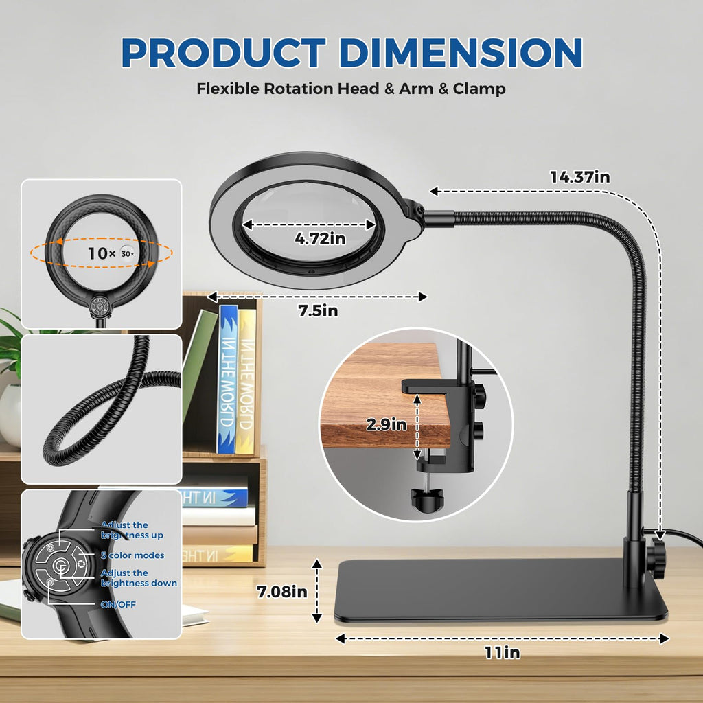 Dimension drawing of Nazano flexible gooseneck magnifying lamp, 4.72 inch optical glass lens, rotatable lamp head, adjustable table clamp