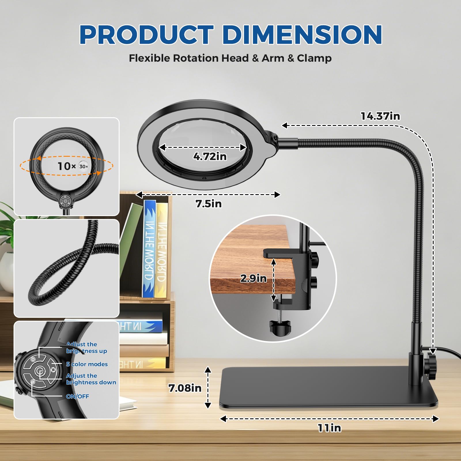 Dimension drawing of Nazano flexible gooseneck magnifying lamp, 4.72 inch optical glass lens, rotatable lamp head, adjustable table clamp