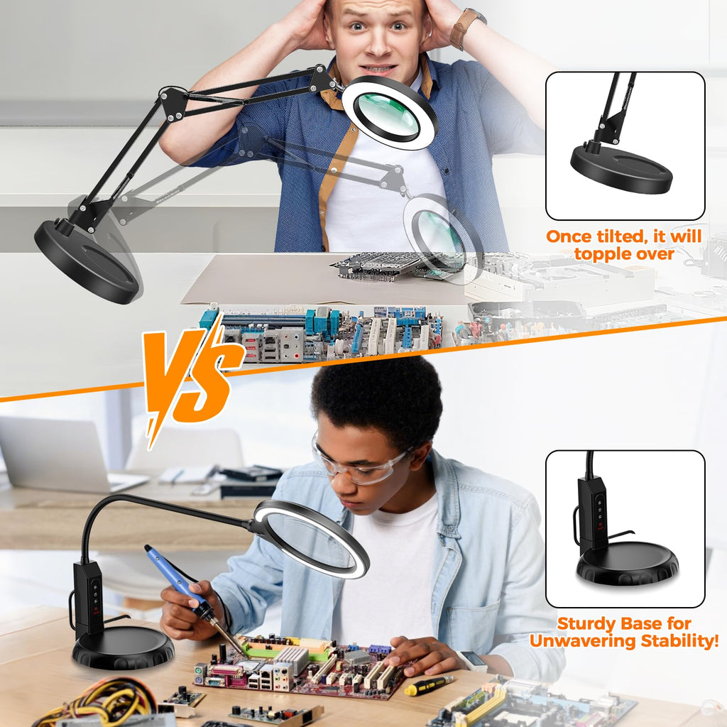 Nazano Gooseneck Magnifying Lamp vs folding arm magnifier, heavy sturdy anti-topple base, stable for long time electronics soldering and repair work