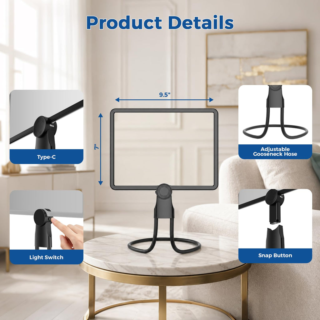 Nazano rechargeable neck magnifier details, 9.5" large lens, Type-C charging, flexible adjustable gooseneck hose, detachable clip design