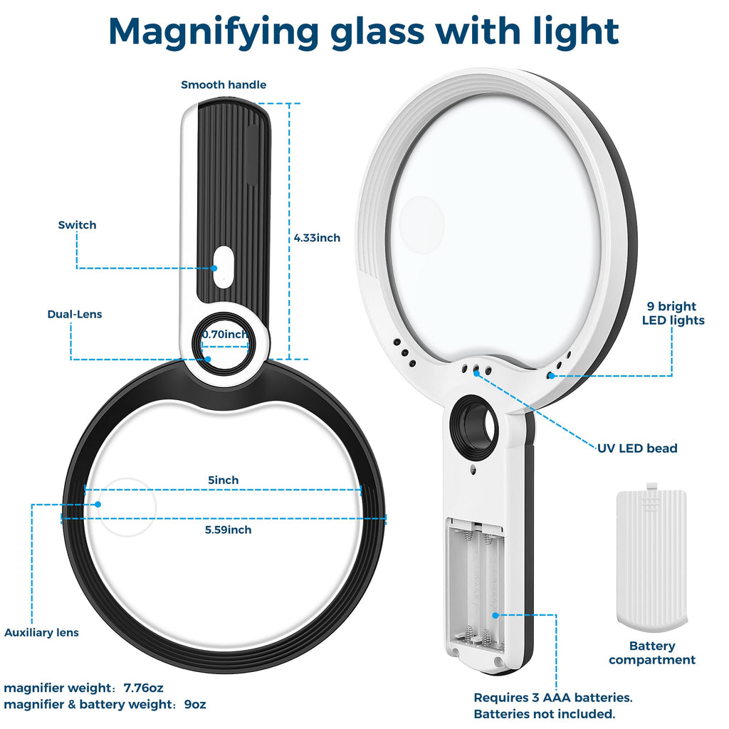 Nazano magnifier dimension chart, 5.59 inch large lens, built-in 9 LED white lights + UV lamp, ergonomic anti-slip handle, powered by 3 AAA batteries