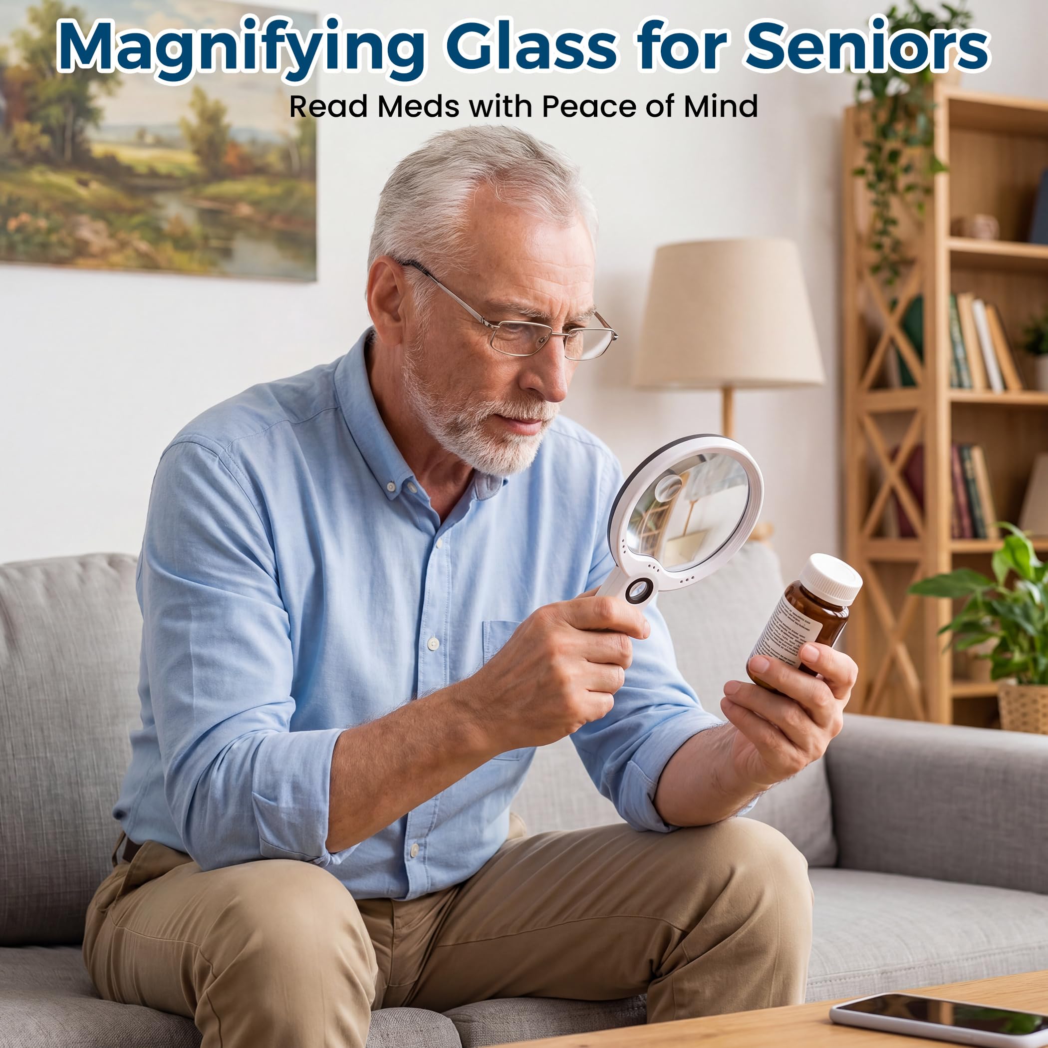 Hand held magnifying glass ideal gift for seniors, easy to read pill bottle instructions and fine print