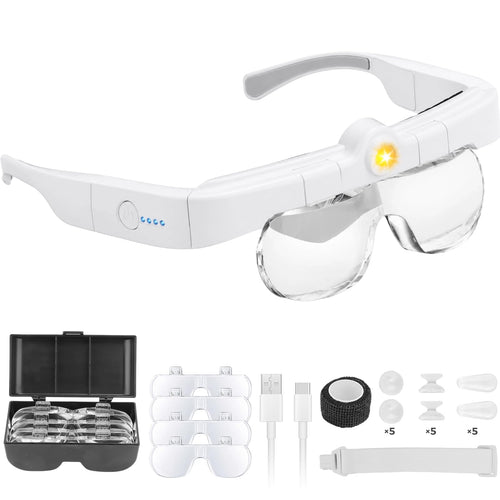 Nazano Rechargeable Head Mount Magnifying Glass Kit, LED lighted magnifier glasses with 4 interchangeable lenses (1.5X,2.5X,3.5X,5X), USB charging, elastic head strap, storage box included