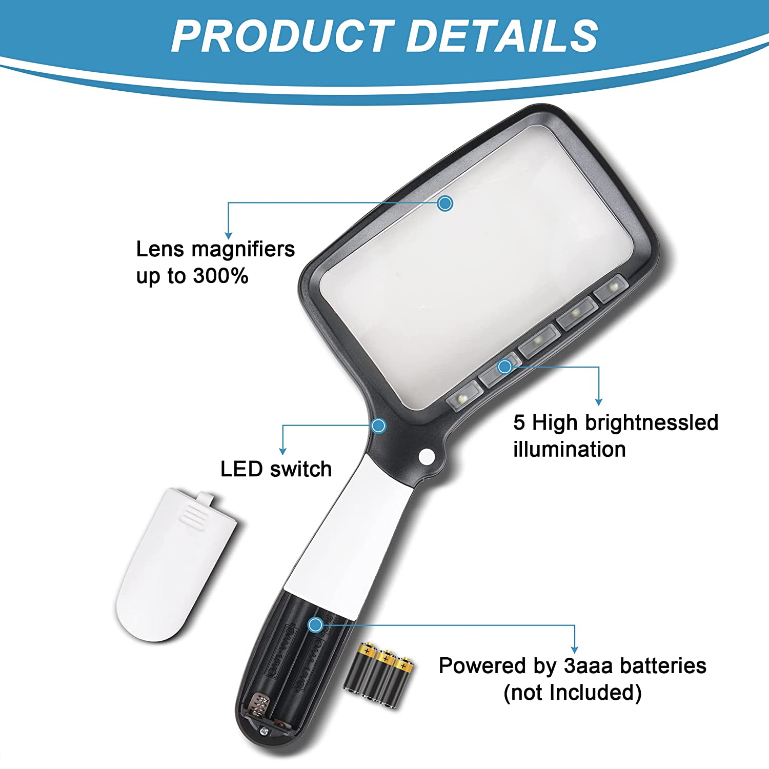 Nazano Folding Handheld Magnifying Glass with Dimmable LED Light, 3X Large Rectangle Lighted Magnifier Product Details, LED Lighting, Battery Operated for Senior Reading