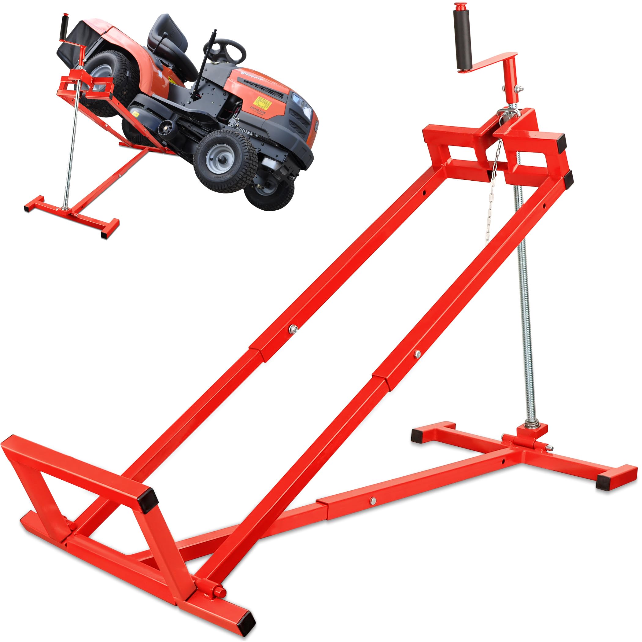 Easy Lawn Mower Lift for Riding Tractors, 800 lbs Capacity Lawn Tractor Lifter, 45° Adjustable Tilt, Universal Ride-on Mower Cleaner Aid, Red