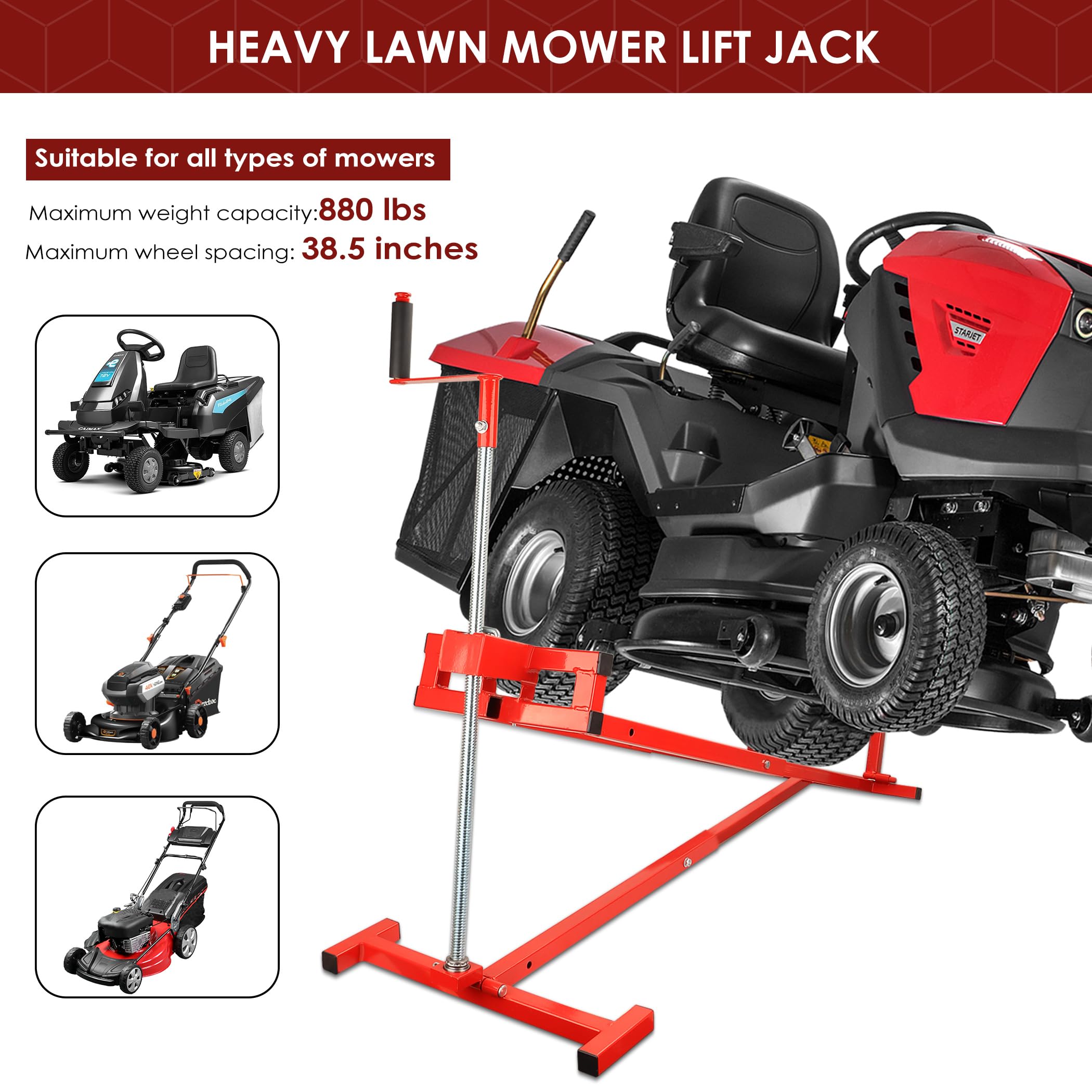 Easy Lawn Mower Lift for Riding Tractors, 800 lbs Capacity Lawn Tractor Lifter, 45° Adjustable Tilt, Universal Ride-on Mower Cleaner Aid, Red