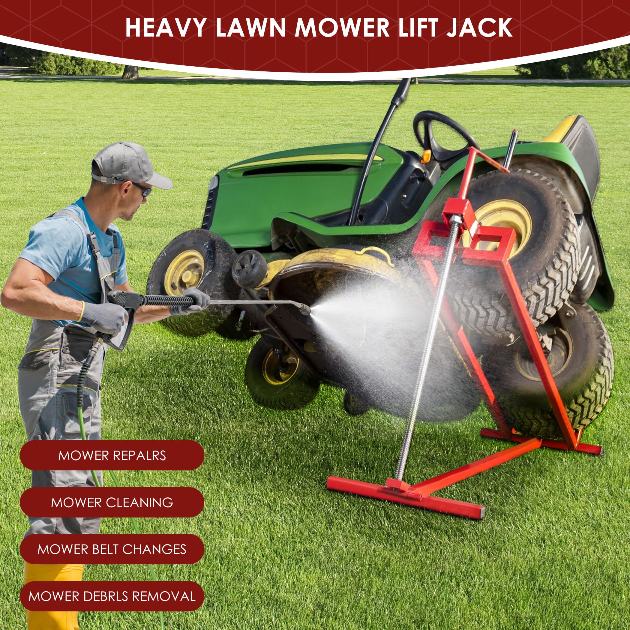 Easy Lawn Mower Lift for Riding Tractors, 800 lbs Capacity Lawn Tractor Lifter, 45° Adjustable Tilt, Universal Ride-on Mower Cleaner Aid, Red
