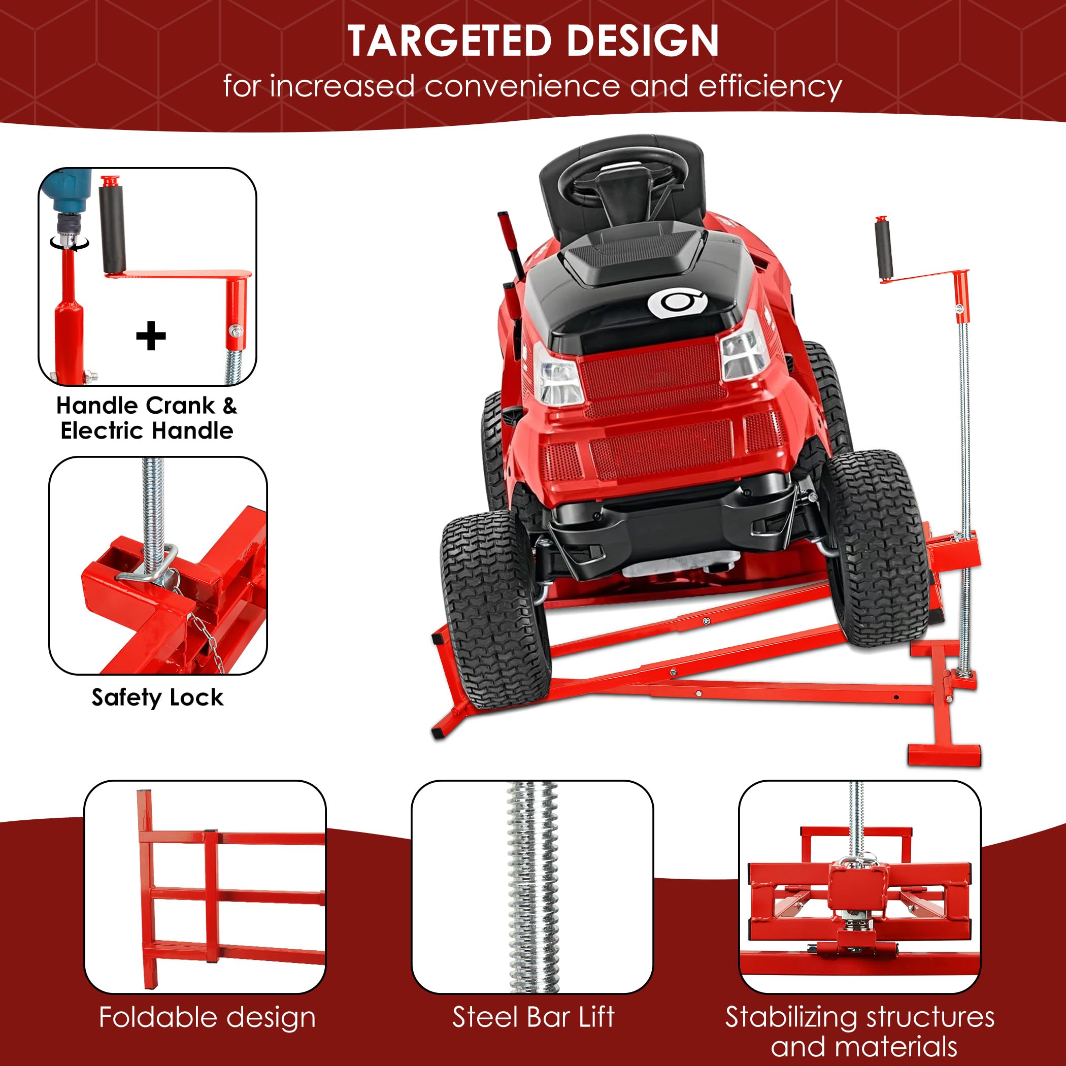 Easy Lawn Mower Lift for Riding Tractors, 800 lbs Capacity Lawn Tractor Lifter, 45° Adjustable Tilt, Universal Ride-on Mower Cleaner Aid, Red