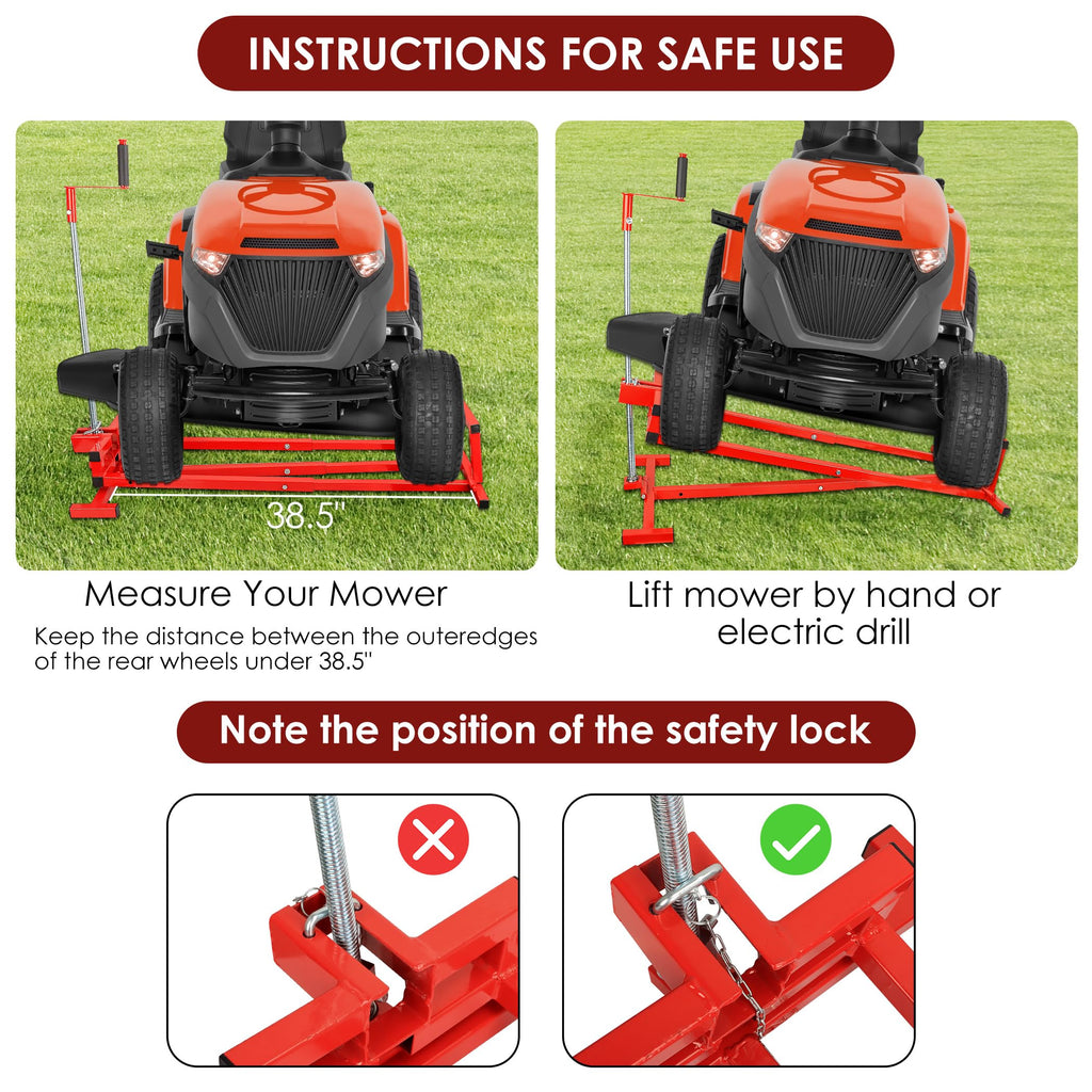 Easy Lawn Mower Lift for Riding Tractors, 800 lbs Capacity Lawn Tractor Lifter, 45° Adjustable Tilt, Universal Ride-on Mower Cleaner Aid, Red