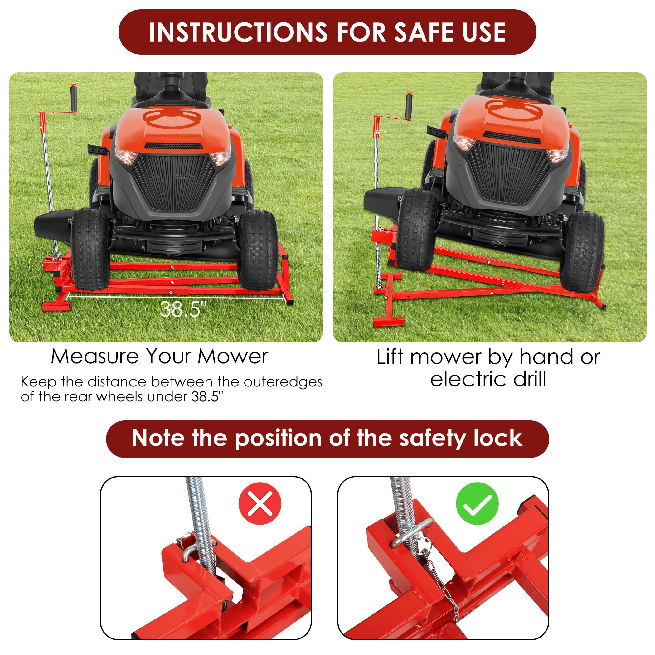 Easy Lawn Mower Lift for Riding Tractors, 800 lbs Capacity Lawn Tractor Lifter, 45° Adjustable Tilt, Universal Ride-on Mower Cleaner Aid, Red
