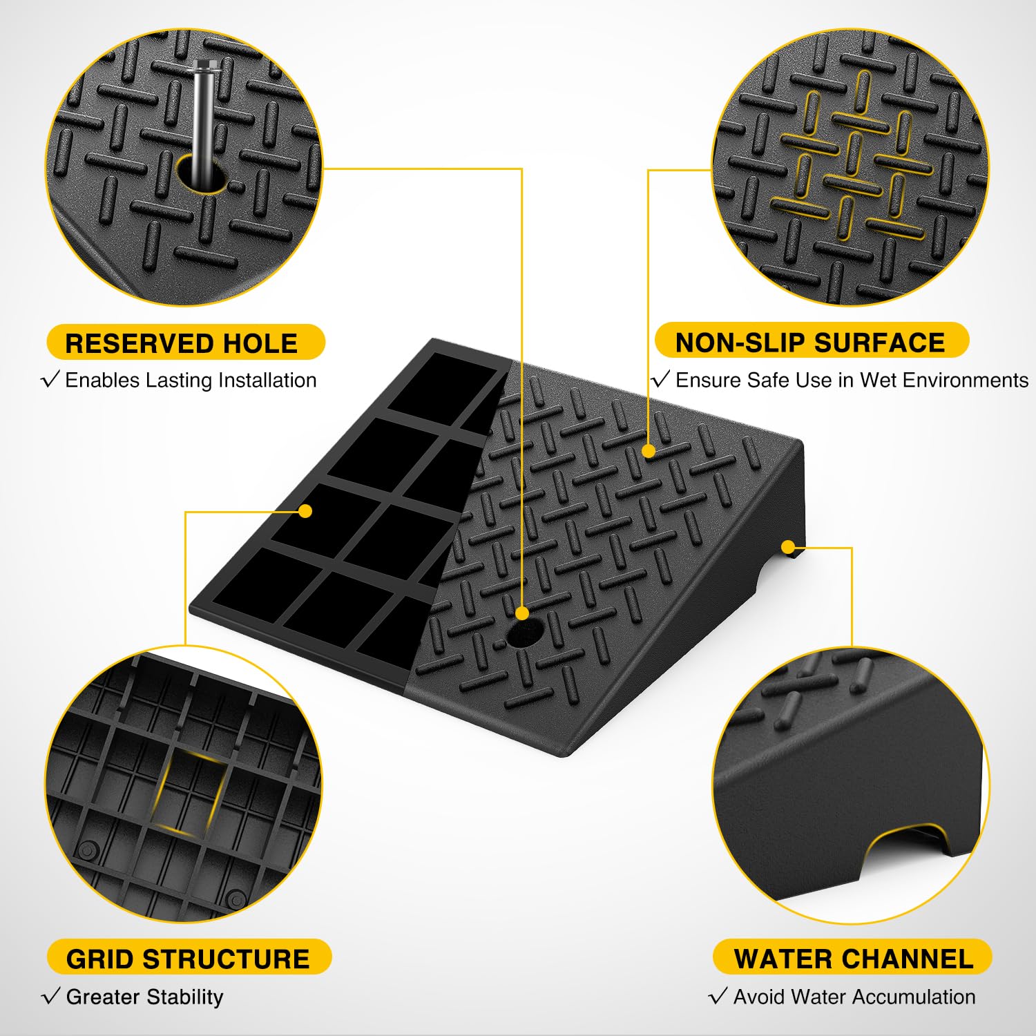 Rubber Car Curb Ramp, 6" Rise Height , Heavy-Duty 7000lbs Capacity Threshold Ramps, Car Ramps with Stable Grid Structure for Cars, Wheelchairs, Bikes, Motorcycles, 2 Pack - Image 5