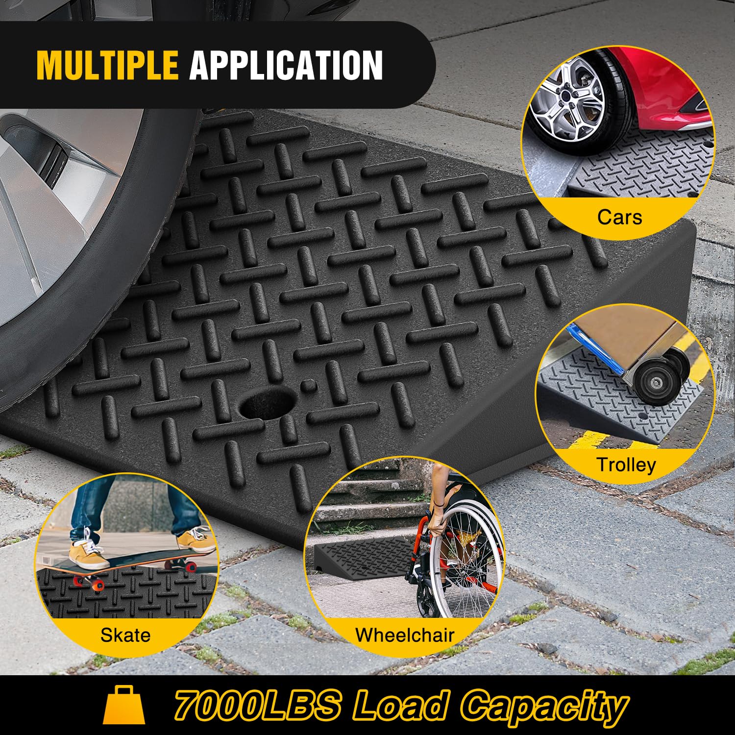 Rubber Car Curb Ramp, 6" Rise Height , Heavy-Duty 7000lbs Capacity Threshold Ramps, Car Ramps with Stable Grid Structure for Cars, Wheelchairs, Bikes, Motorcycles, 2 Pack - Image 4