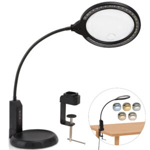 10X Magnifying Glass with Light and Stand, 2- in- 1 Flexible Gooseneck Magnifying Desk Lamp & Clamp, 3 Modes Dimmable Hands Free LED Lighted Magnifier for Close Work Workbench Crafts Reading